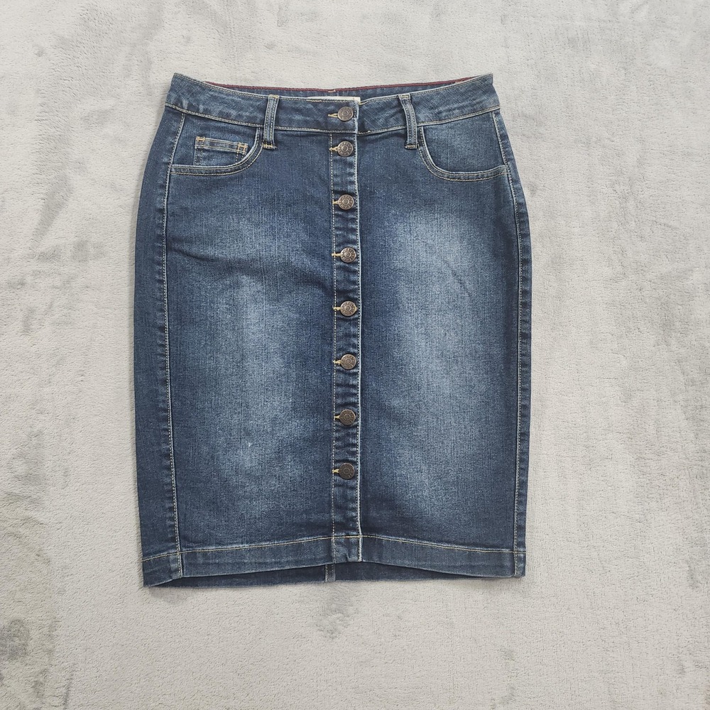 Cello Jeans Skirt Womens S Blue Denim Button Front Pencil Knee Stretch Casual